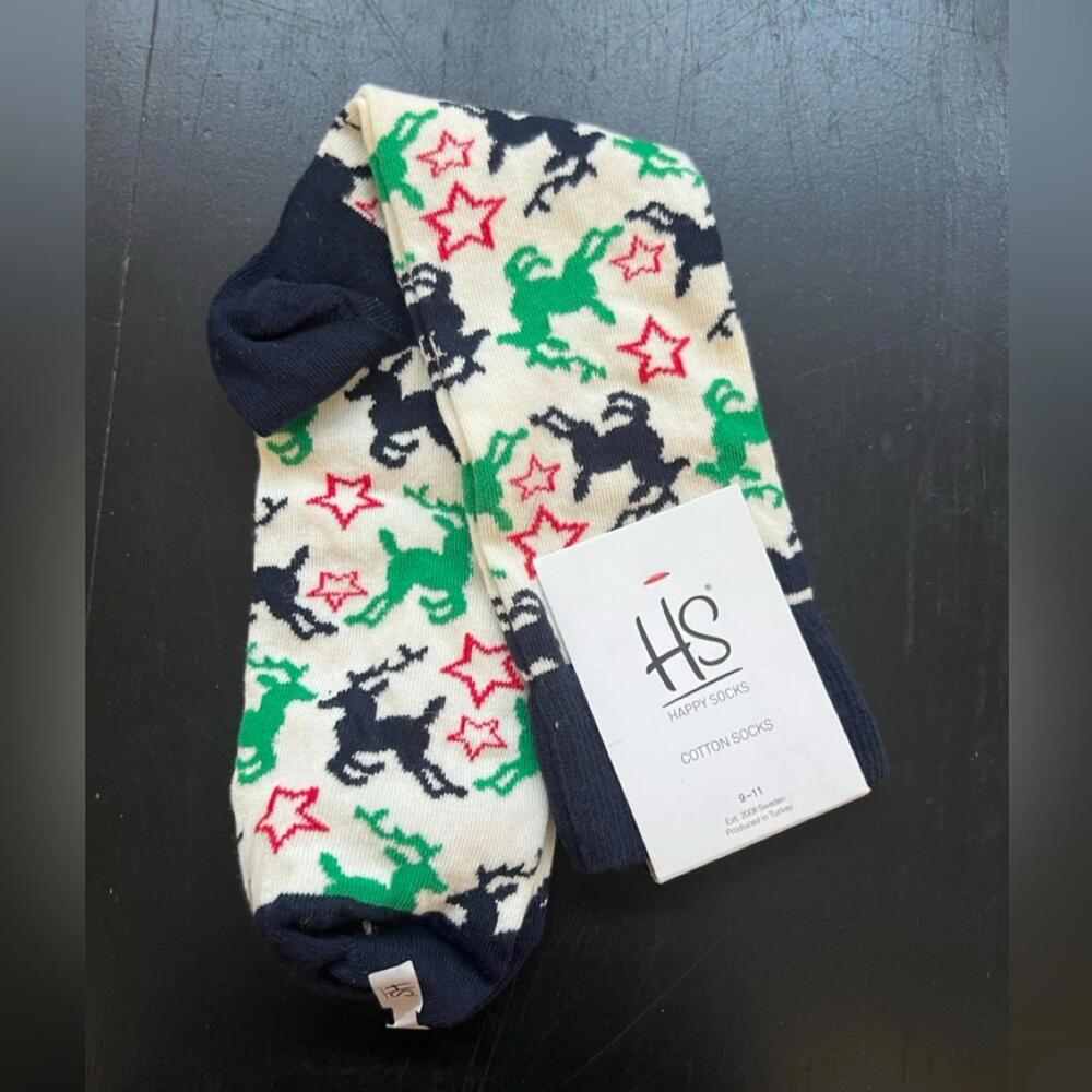 Happy‎ Socks Crew Socks Cream Reindeer Star Holiday Print 9-11